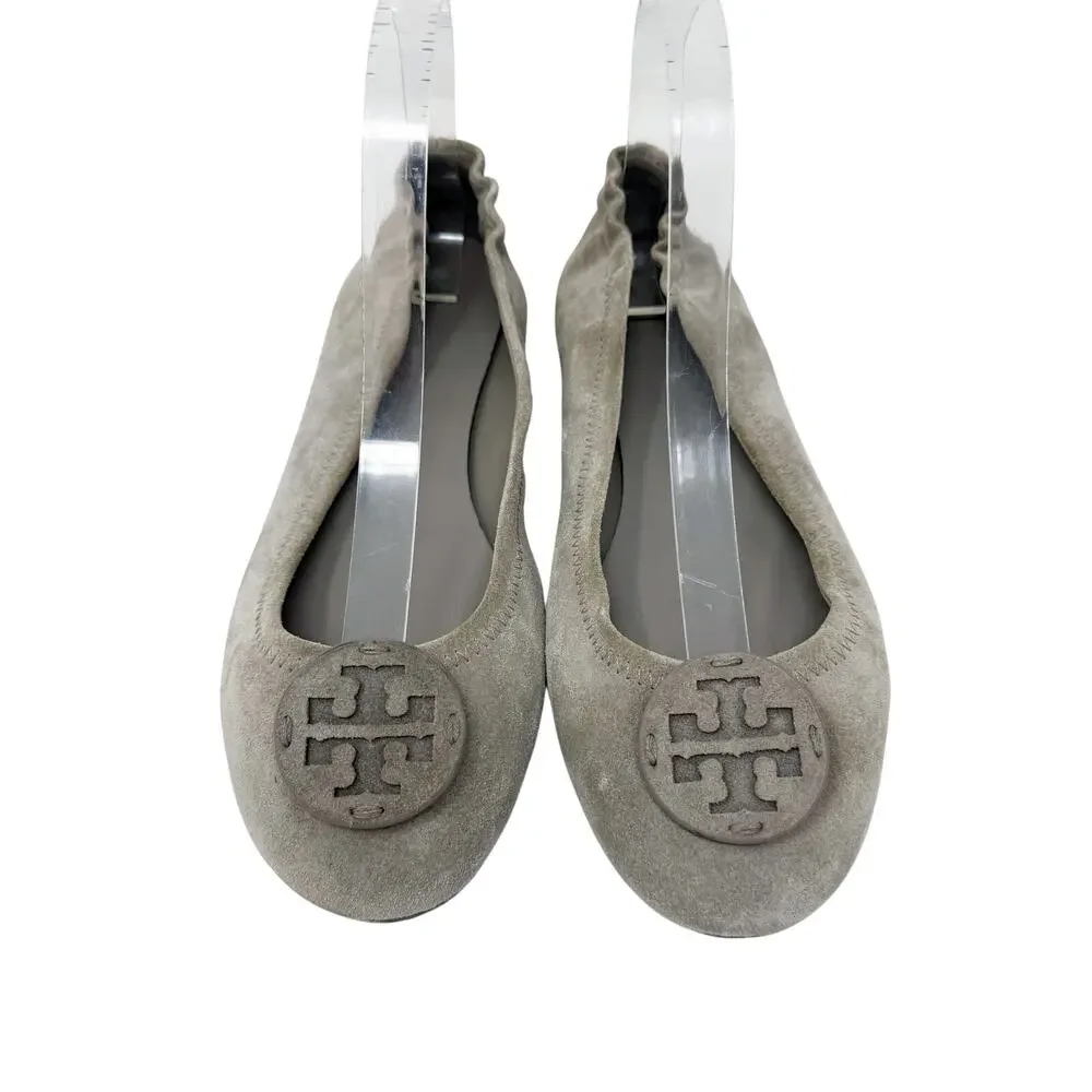 Tory Burch Taupe Suede Minnie Ballet Flats Women's Size 8.5 VGUC T Logo Detail